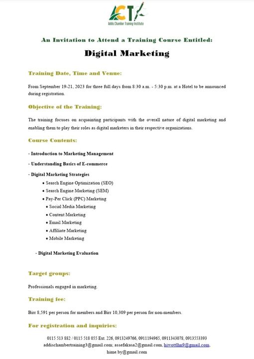 Addis Chamber presents Training on Digital Marketing . Happily invite you to attend this special training.
